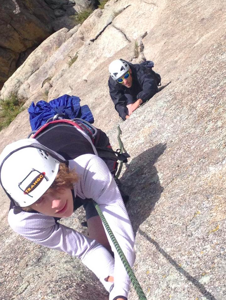 16-year-old Drew Matsen and his father, Jeremy Matsen, on Melvin's Wheel, Lumpy Ridge, Estes Park, Colorado.
