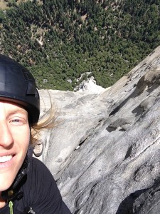 Jes Meiris looking down from around Camp VI while on her June 7 solo ascent of the Nose.