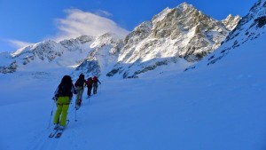 A brief window of clearing above the Mont Velan Hut during an aspirant exam day, Switzerland