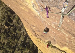 Adam learning to aid climb on the bolt ladder “Pioneer Route” on Monkey Face.