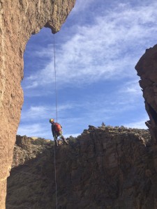 Descending the Monkey with a 160ft free-hanging rappel.