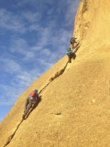 Practicing parallel rope technique Spiderman (5.7) in 20 degree temperatures.