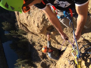 Topping out on Pack Animal (5.8 R) in the Fourth Horseman area.
