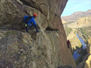 An exercise in fall line management - the long traverse pitch on Sky Ridge (5.8 R)