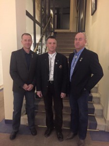 Dale Remsberg and Rob Hess with IFMGA President Hanno Donz at the 50th anniversary of the IFMGA in Zermatt.