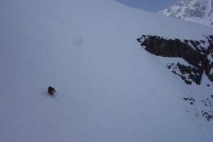 Chris Marshall drops into the Million Dollar Couloir on Mt. Cayoosh