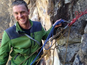 Jerome Smart having too much fun during rescue drill practice. His system is a good representation of ‘baseline’, where he’s escaped the belay and the client’s rope is on a Munter-Mule tied off directly to the anchor. From here, he can haul, rappel down to, or lower the client. The blue cord, not serving a purpose in this picture, is what he used to transfer the load to and from the anchor.