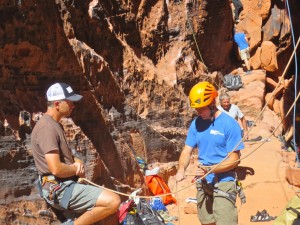 Adam Butterfield teaches Dale how to use a Mammut Alpine Smart belay device